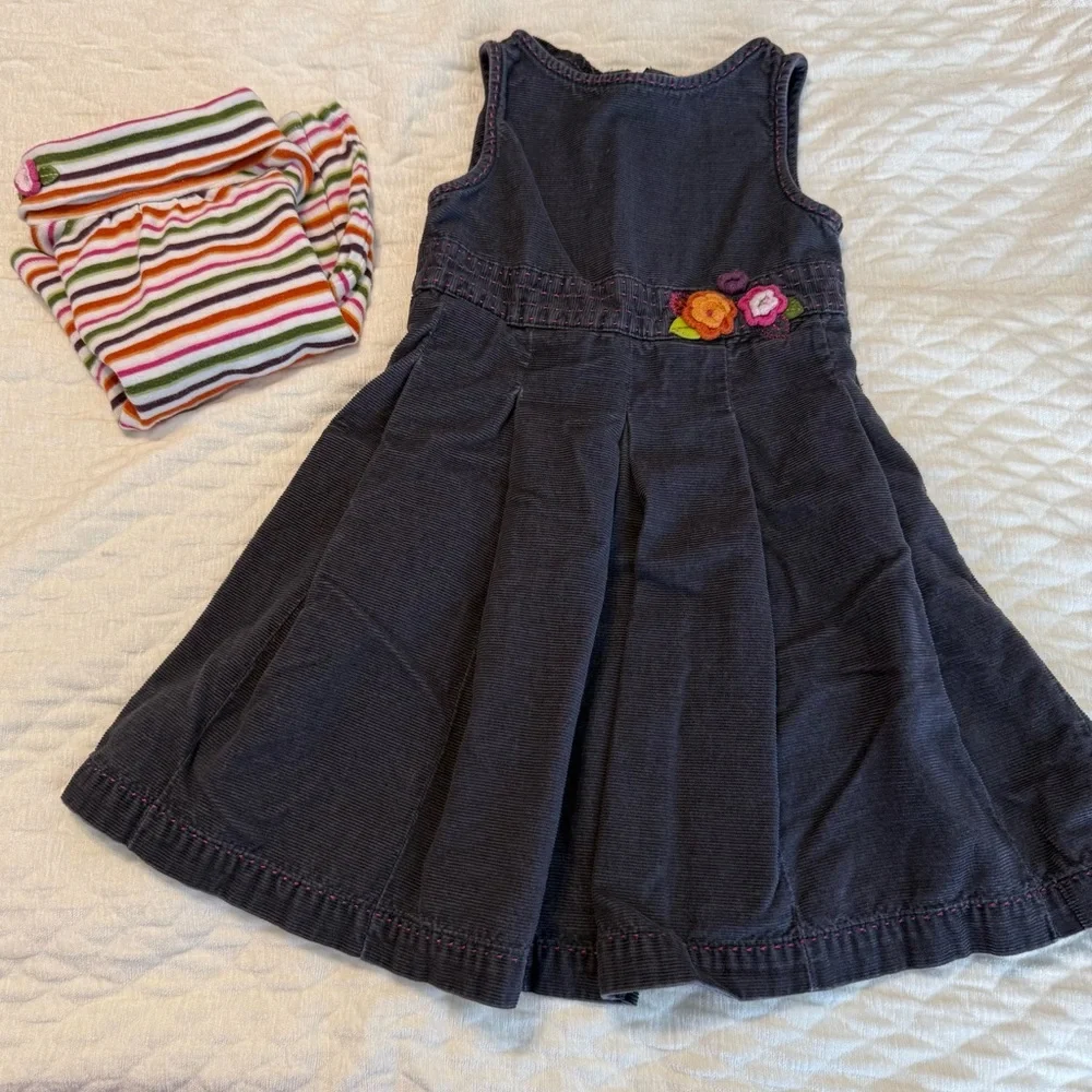 Gymboree Gray Corduroy Jumper Dress W/ Striped Turtleneck Size 4T Cotton Floral